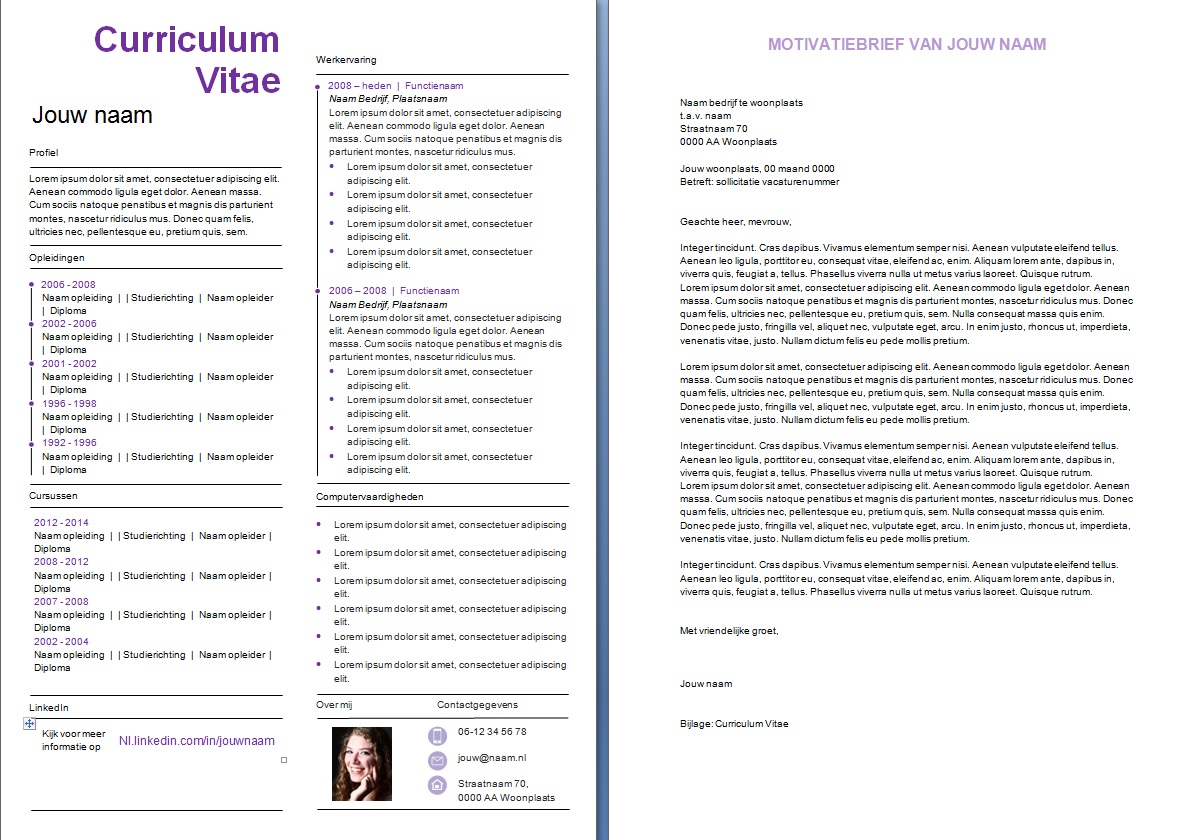 CV Voorbeeld 11+motivatiebrief paars